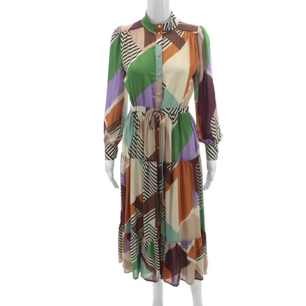 Suncoo Women Shirt Dress Multicolor Geometric Collared Long Sleeve Size 0
